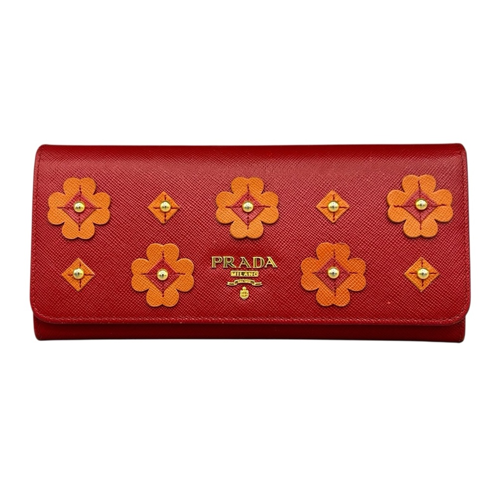Prada Red Saffiano Floral Applique Continental Wallet Studded